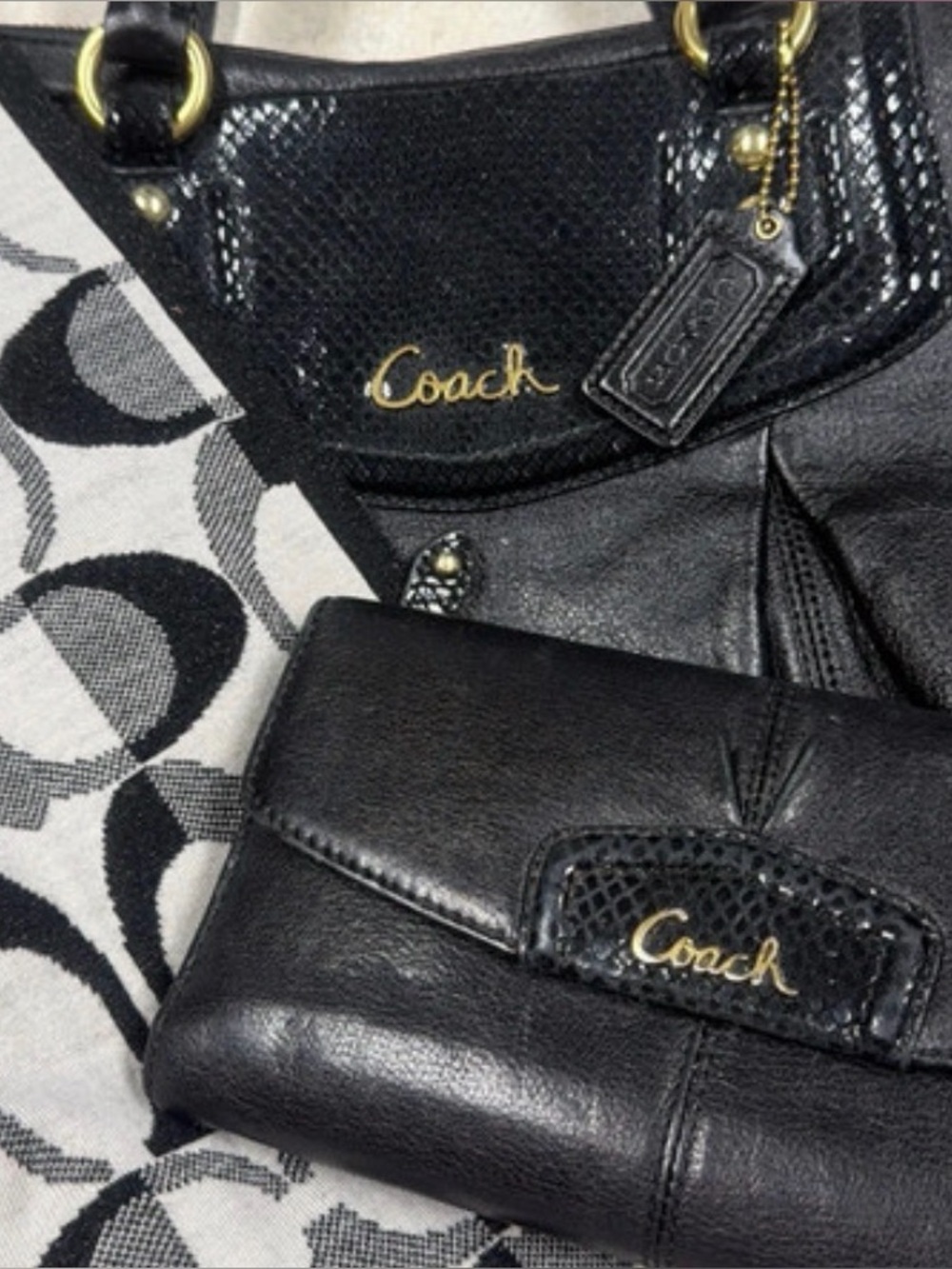 Coach bundle Black Leather with gold accent purse and matching wallet /scarf